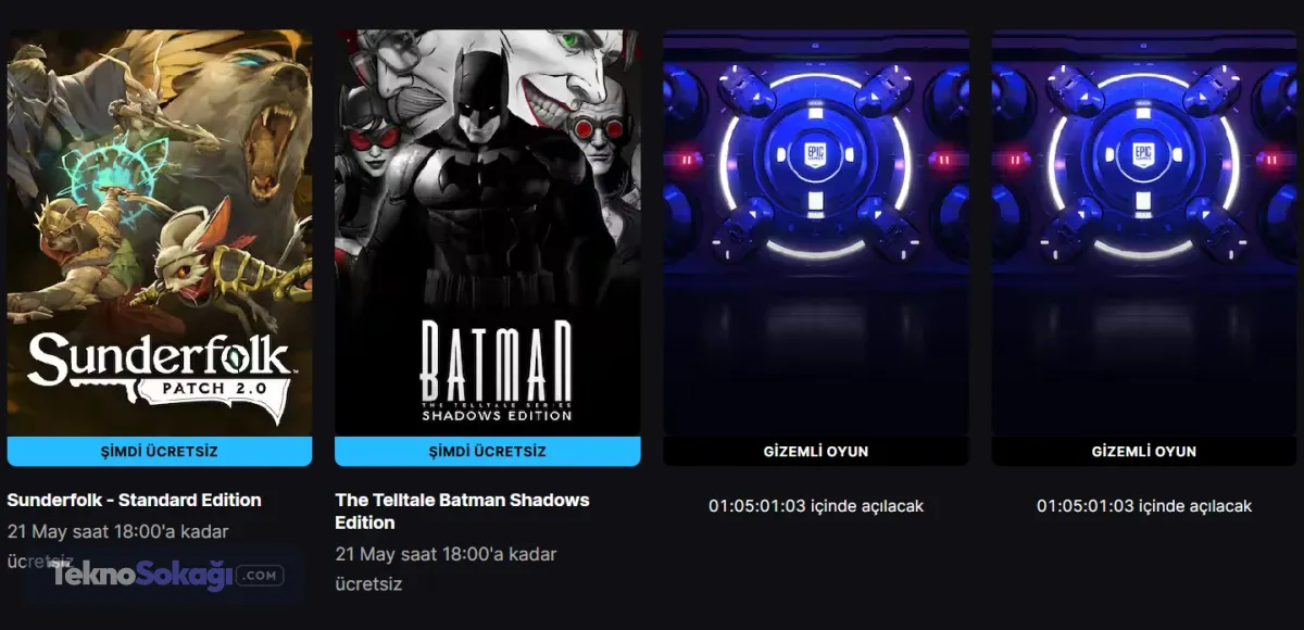 Epic Games kullanıcıları, 21 Mayıs 2026 saat 18.00’e kadar “Sunderfolk - Standard Edition” ve “The Telltale Batman Shadows Edition” oyunlarını ücretsiz olarak kütüphanelerine ekleyebilecek. Ayrıca Rocket League, Fall Guys, Asphalt Legends ve World of Warships gibi popüler yapımlar için ücretsiz kozmetik paketler de dağıtılıyor.