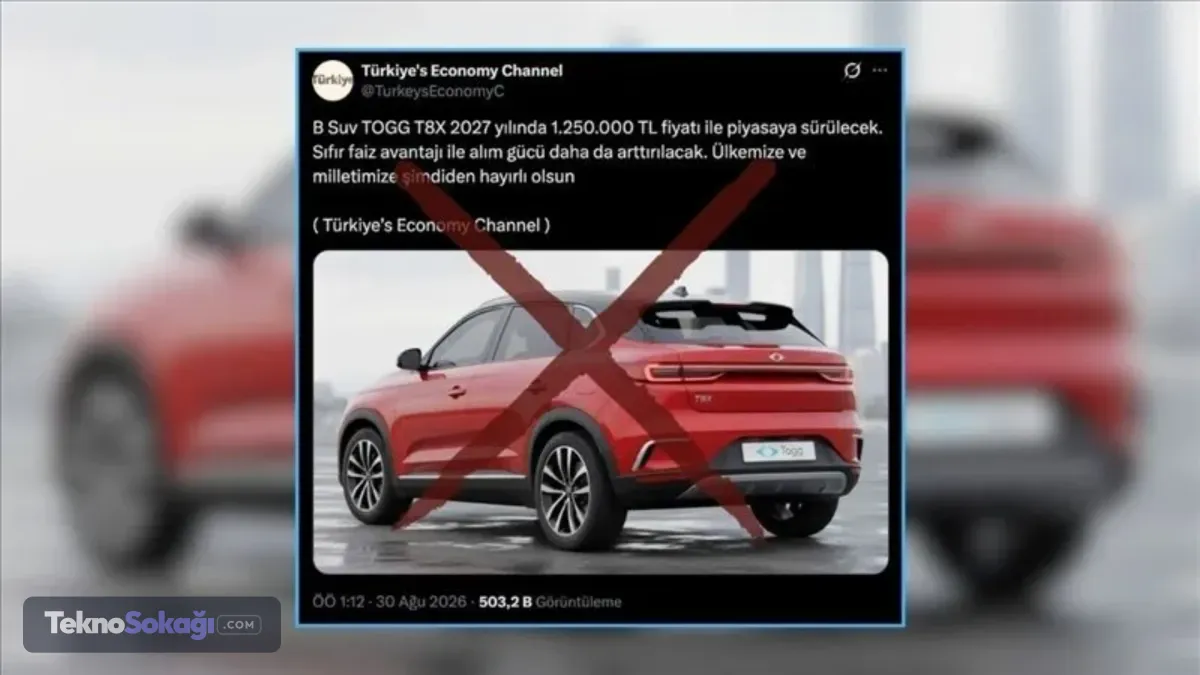 ABD merkezli sosyal medya platformu X'te paylaşılan görüntünün, Togg’un 2027 yılında piyasaya süreceği yeni modele ait olduğu iddia edildi. Modelin adının ise T8X olacağı öne sürüldü.Görselin gerçek olup olmadığı kullanıcılar arasında merak konusu oldu.